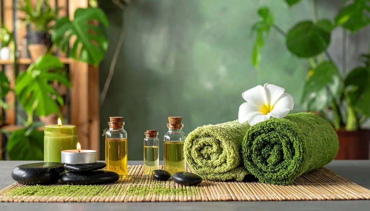 Rolled towels, massage stones and oils in a green spa setting